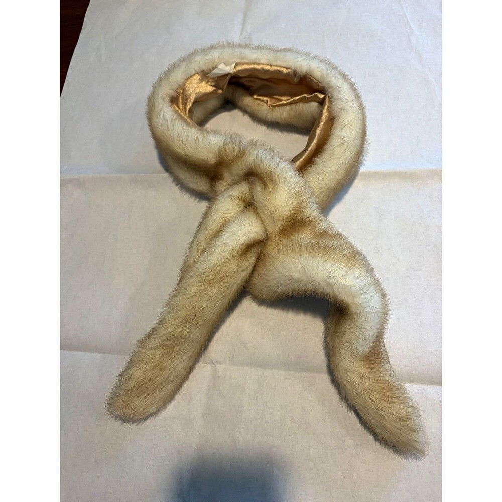 Faux Fur Satin-Lined Neck Warmer Scarf Solid Beige Brown Women Fall Winter